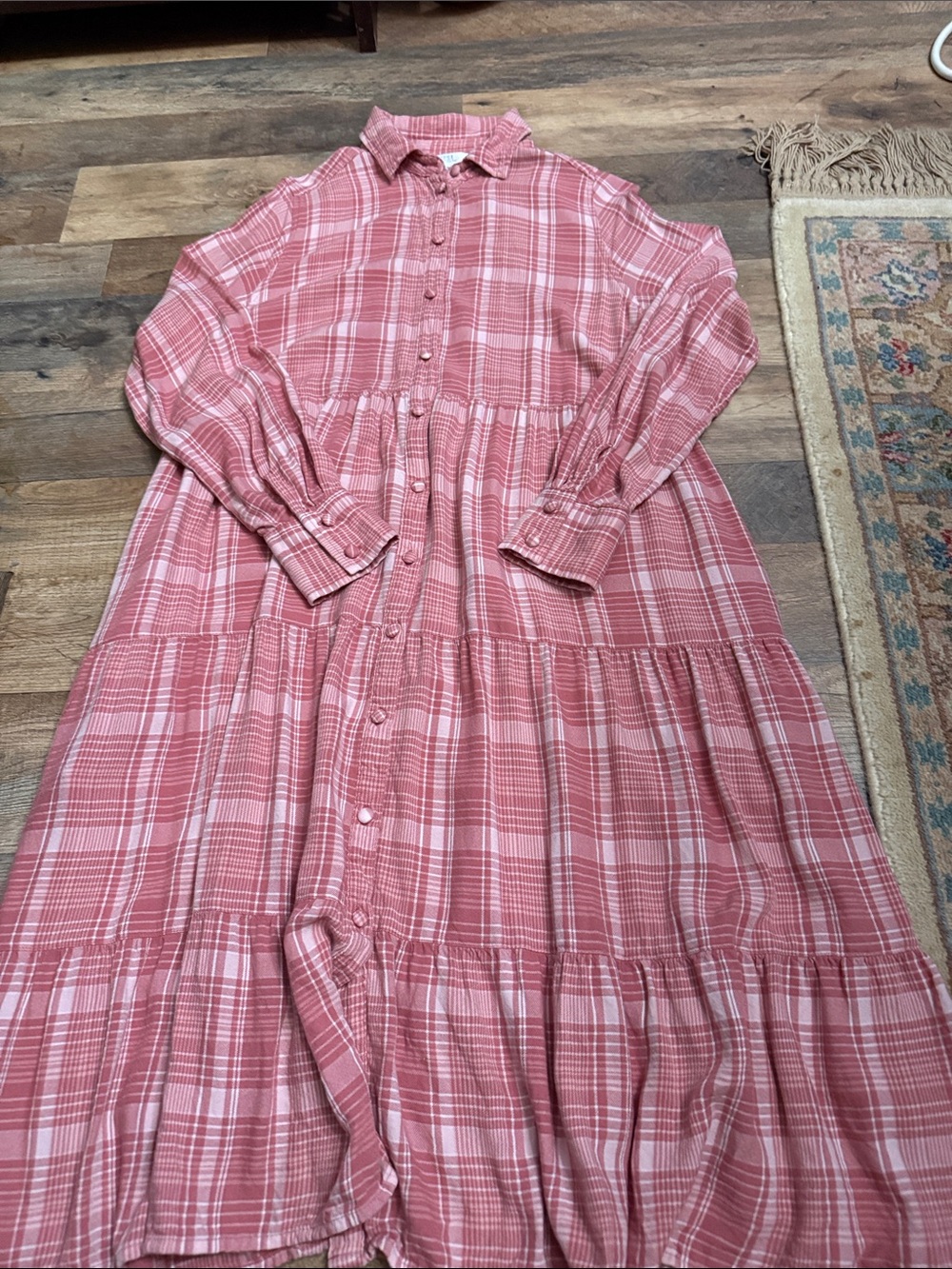 True Craft Pink Plaid Tiered Button-Front Maxi Dress